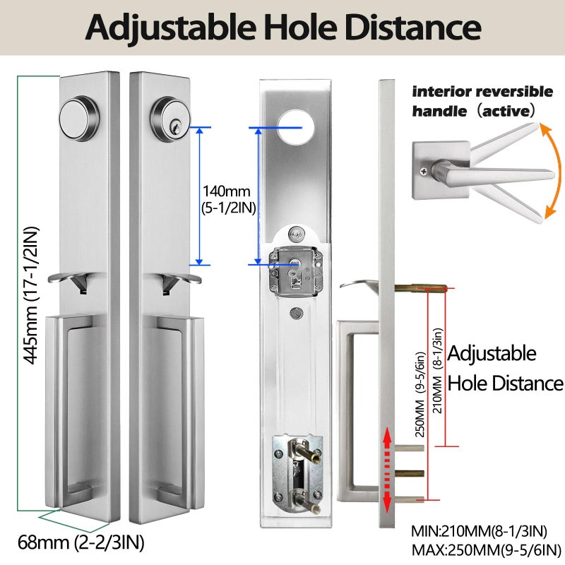 TMC Double Door Handlset for Front Door Brushed Nickel Finish (Keyed Entry Handle and Dummy Hanlset Set),MDHST2016SN-DOUBLE-1 - Image 2